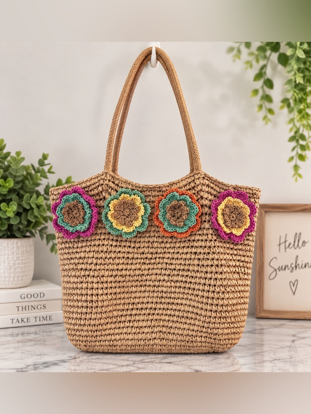 Boho Raffia Crochet Tote Bag Floral Applique Woven Straw Shoulder Bag